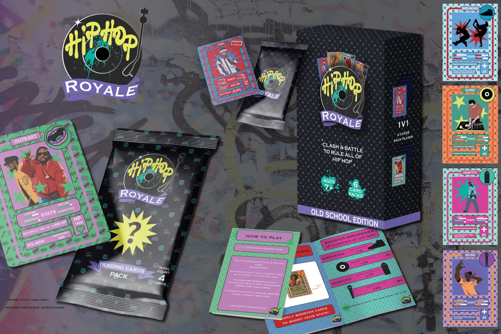 Hip Hop Royale trading card and packaging presentation board, ADDY award-winning student team project