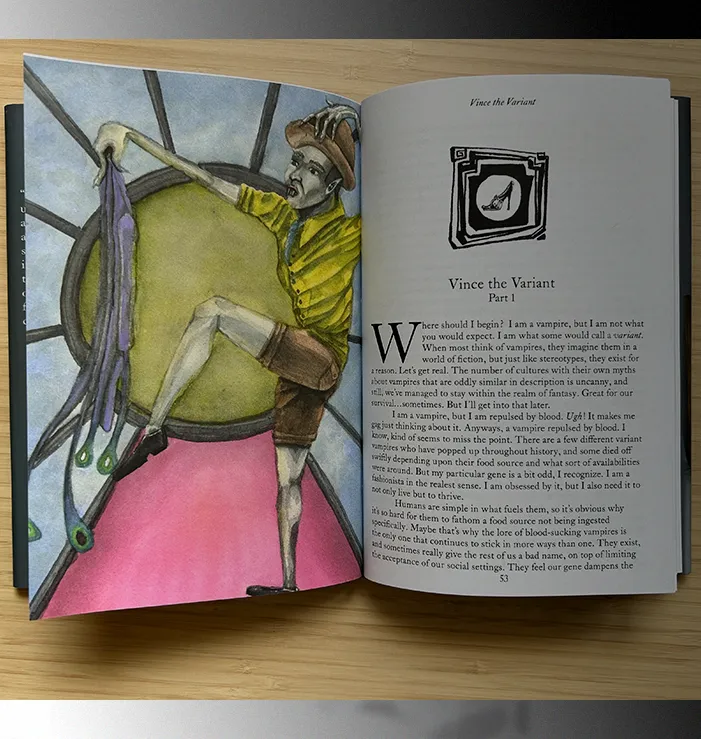 Open copy of Coalescence: A Holiday Collection showing an illustrated chapter opener