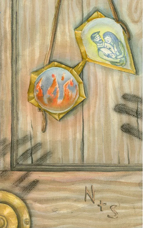 Ink and watercolor illustration of an ornate pendant from Coalescence