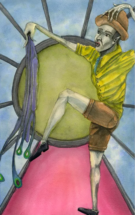 Watercolor illustration of a figure on a pink rug from Coalescence