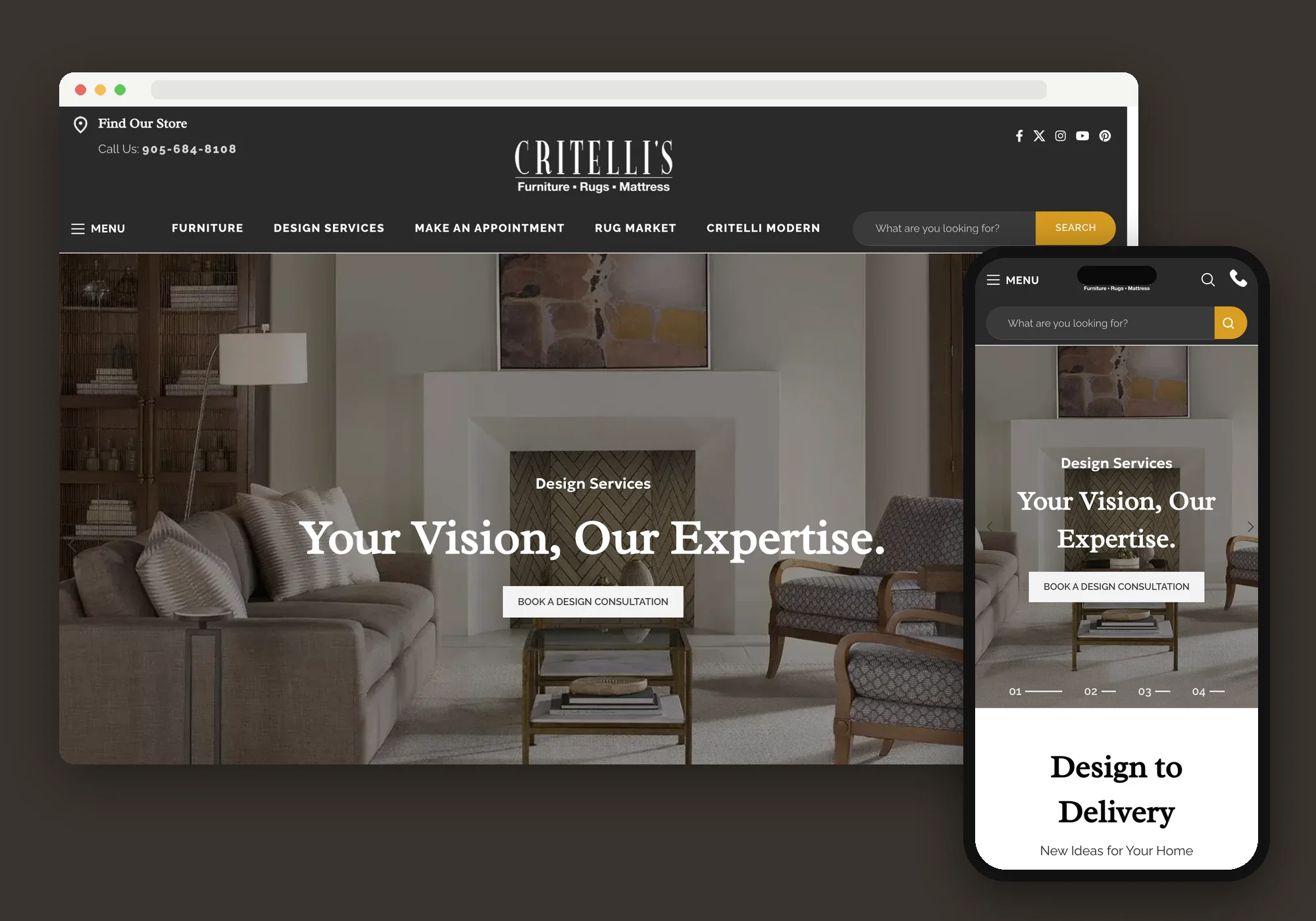 Critelli Furniture website shown on desktop and mobile