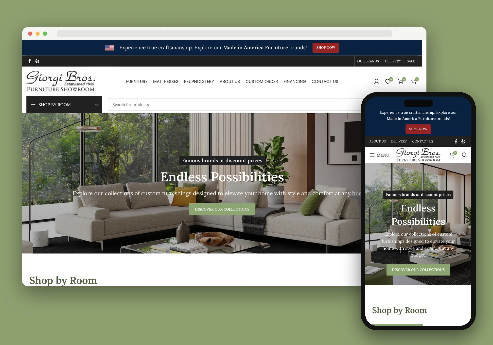 Giorgi Bros. Furniture website shown on desktop and mobile
