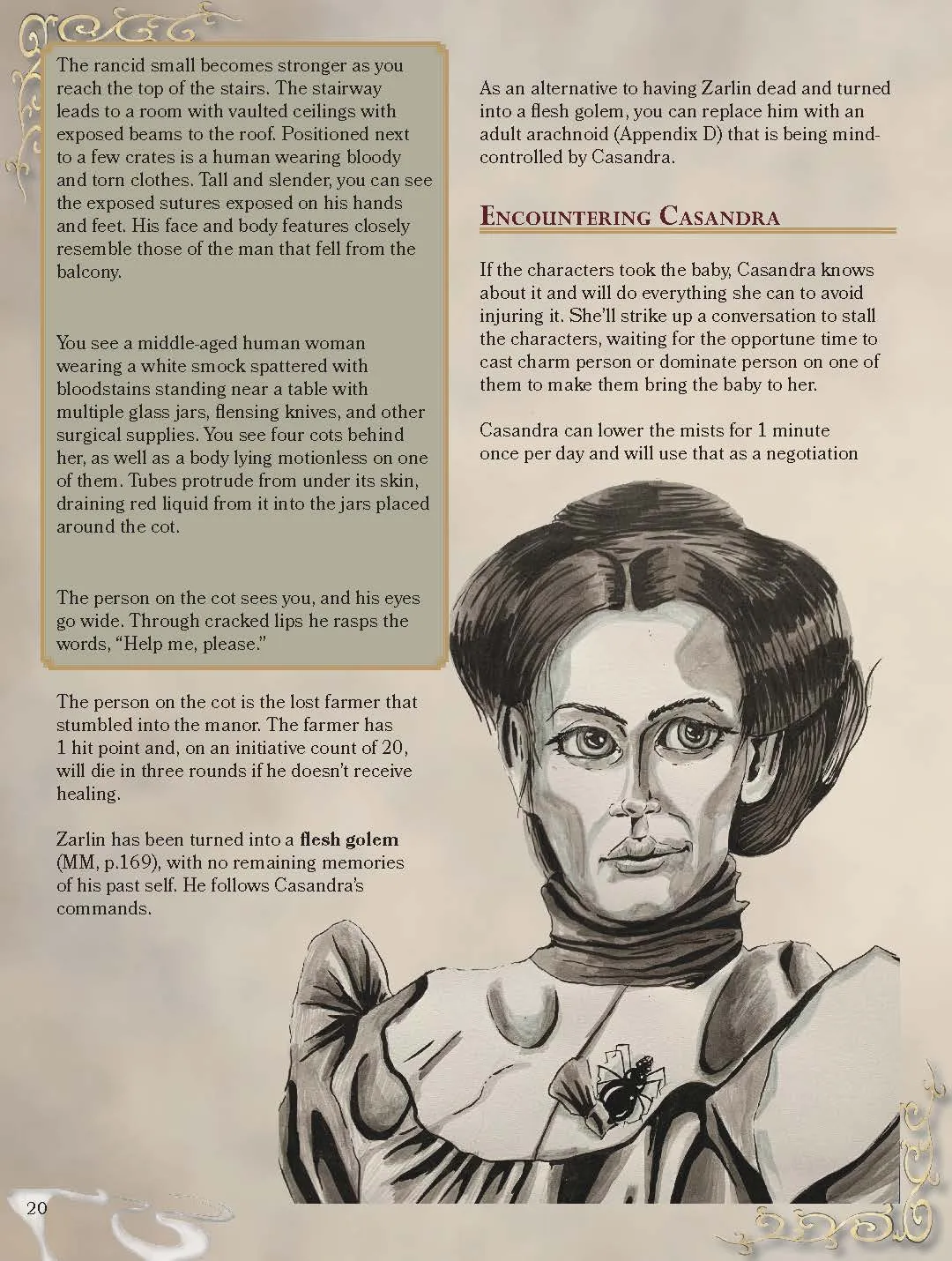 Manor of Dread interior page with a portrait illustration and stat block