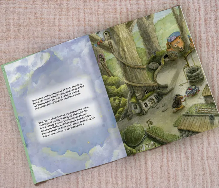 Printed book mockup of a Rosemary Bunny and Kat Epieces interior spread