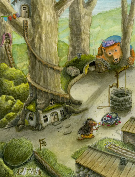 Environment concept art of a woodland village for Rosemary Bunny and Kat Epieces