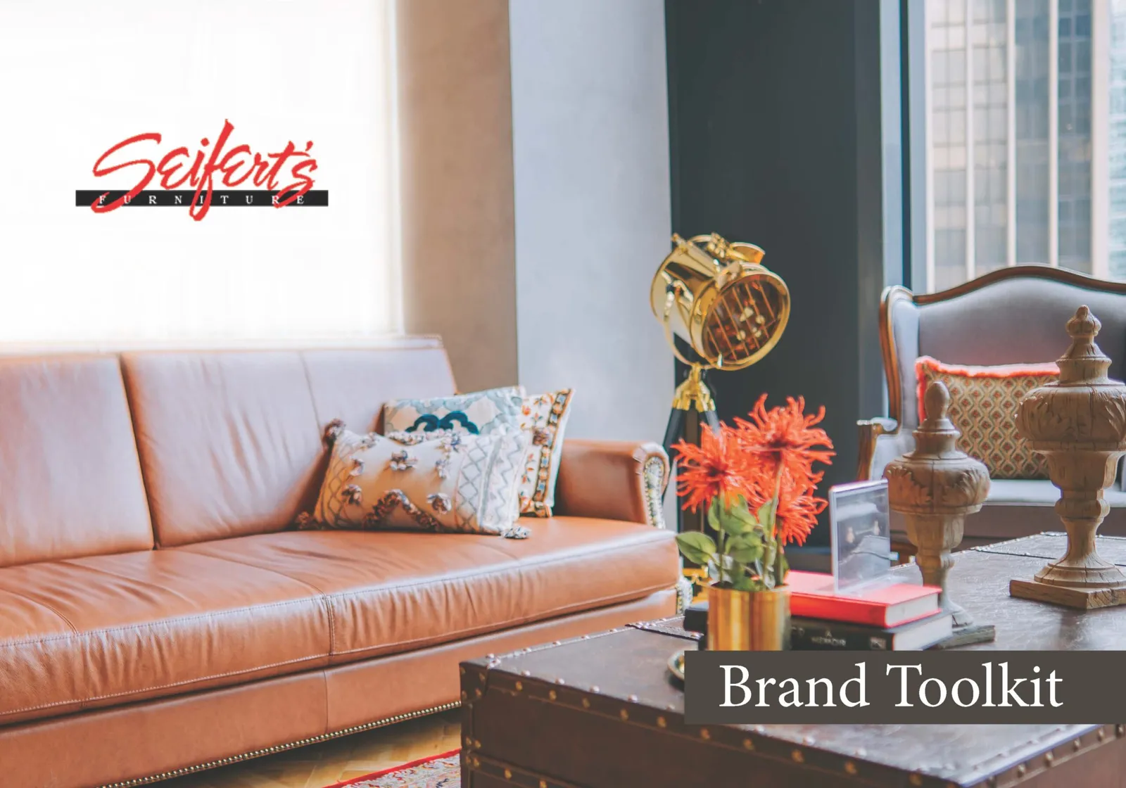 Seifert's Furniture brand toolkit cover over a warm living room photo