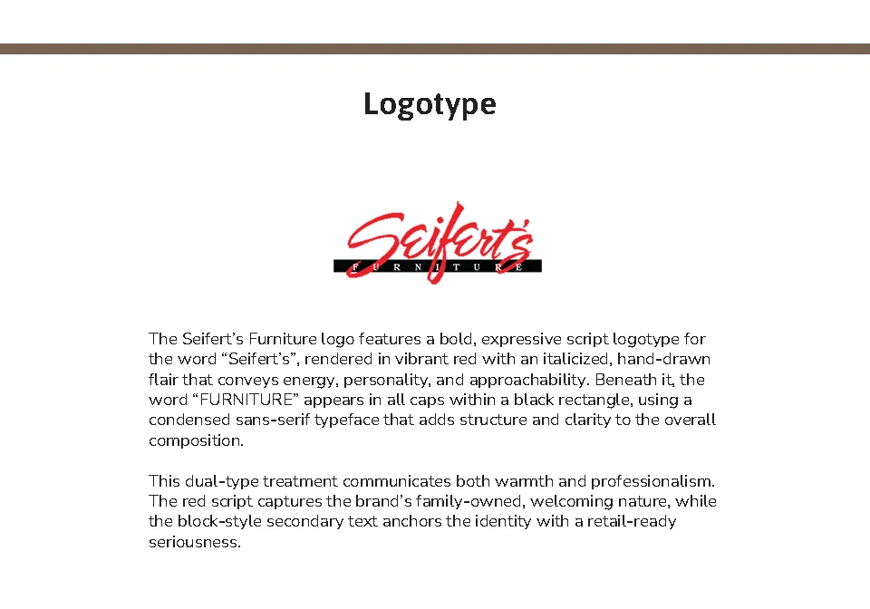 Seifert's Furniture logotype page from the brand toolkit