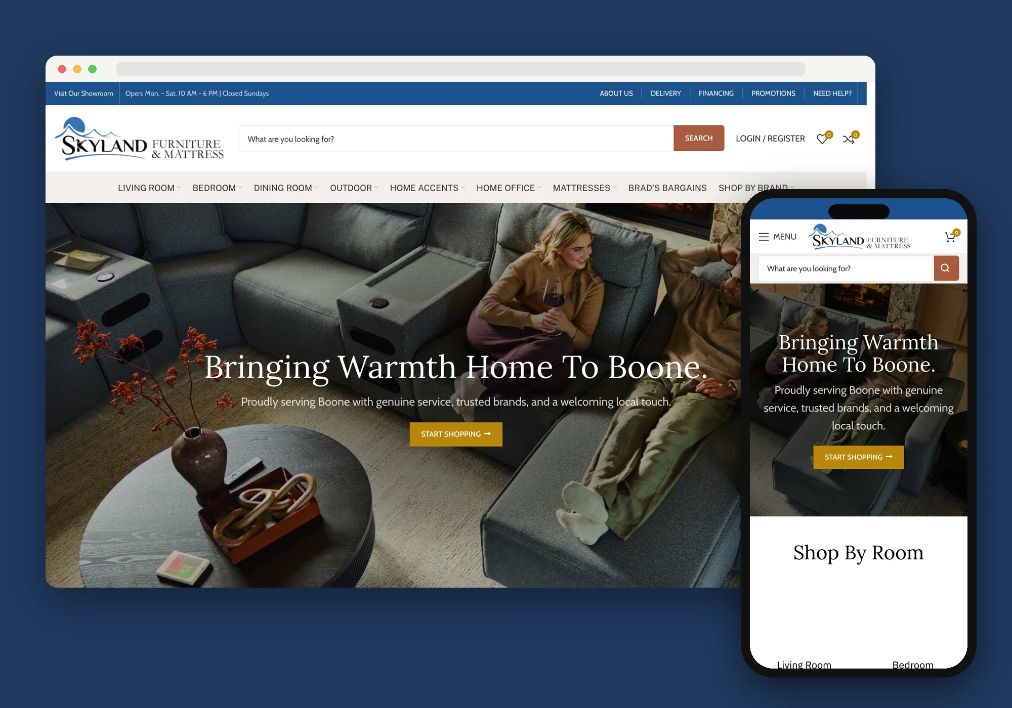 Skyland Furniture website shown on desktop and mobile