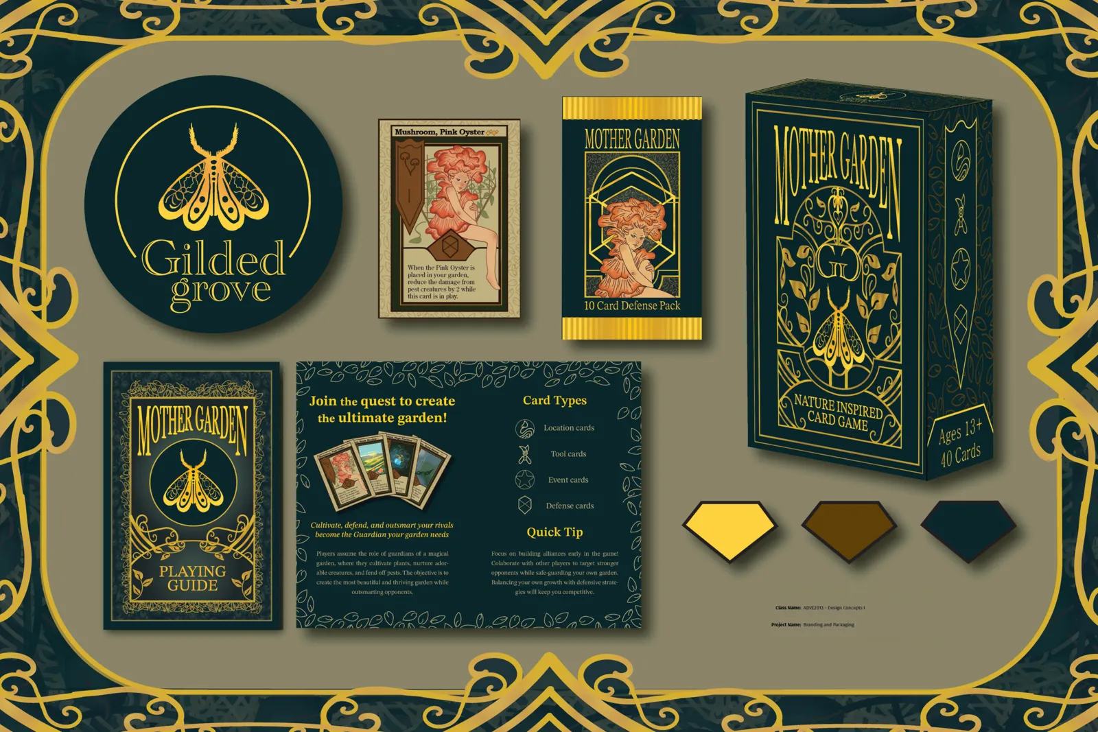 Student card game brand identity and packaging system, Gilded Grove