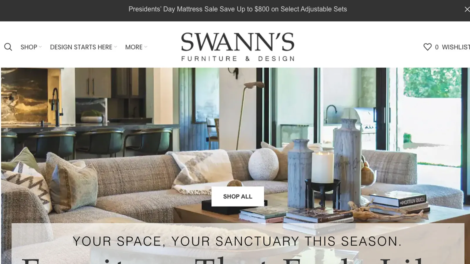 Swann's Furniture and Design website homepage