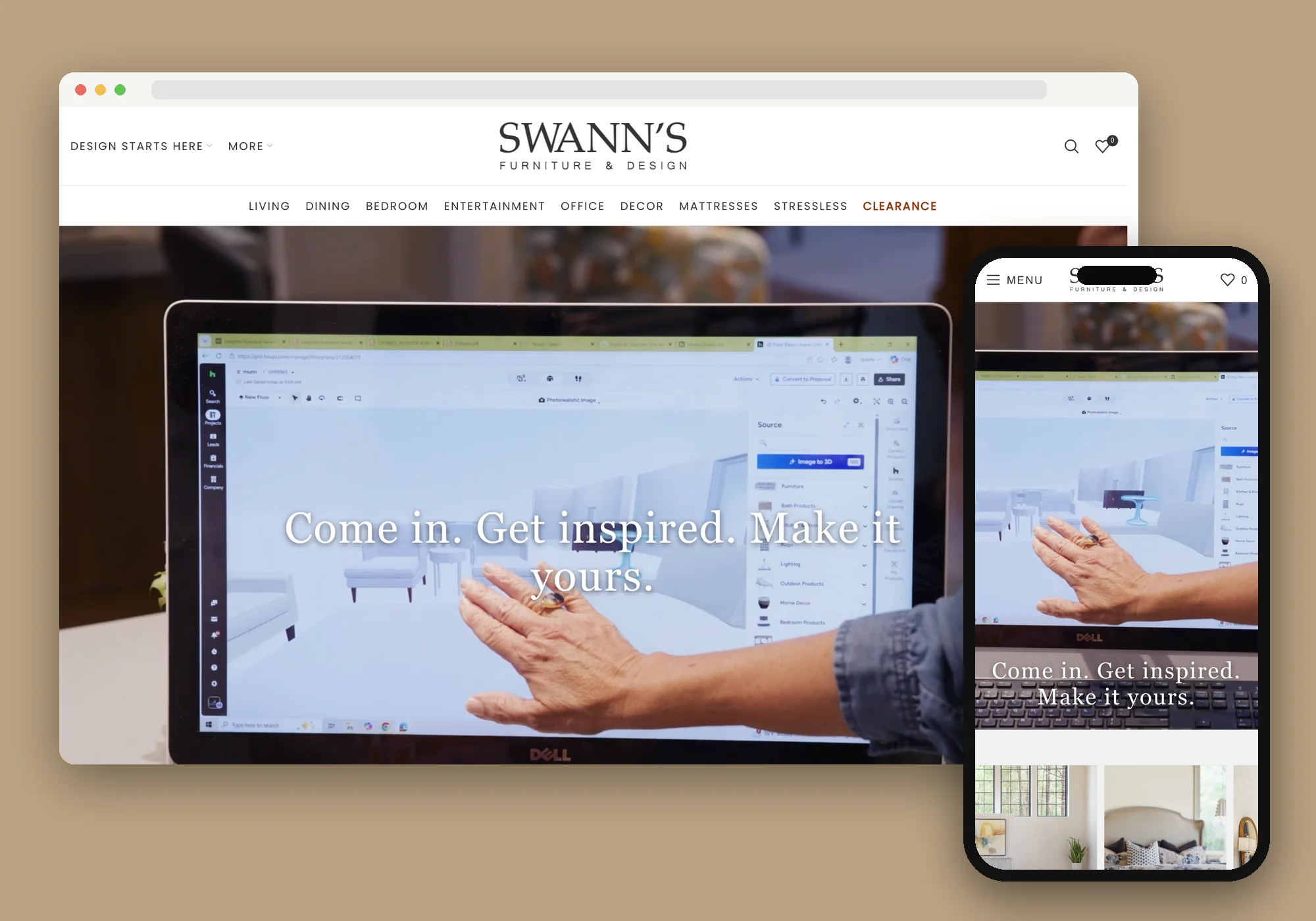Swann's Furniture and Design website shown on desktop and mobile