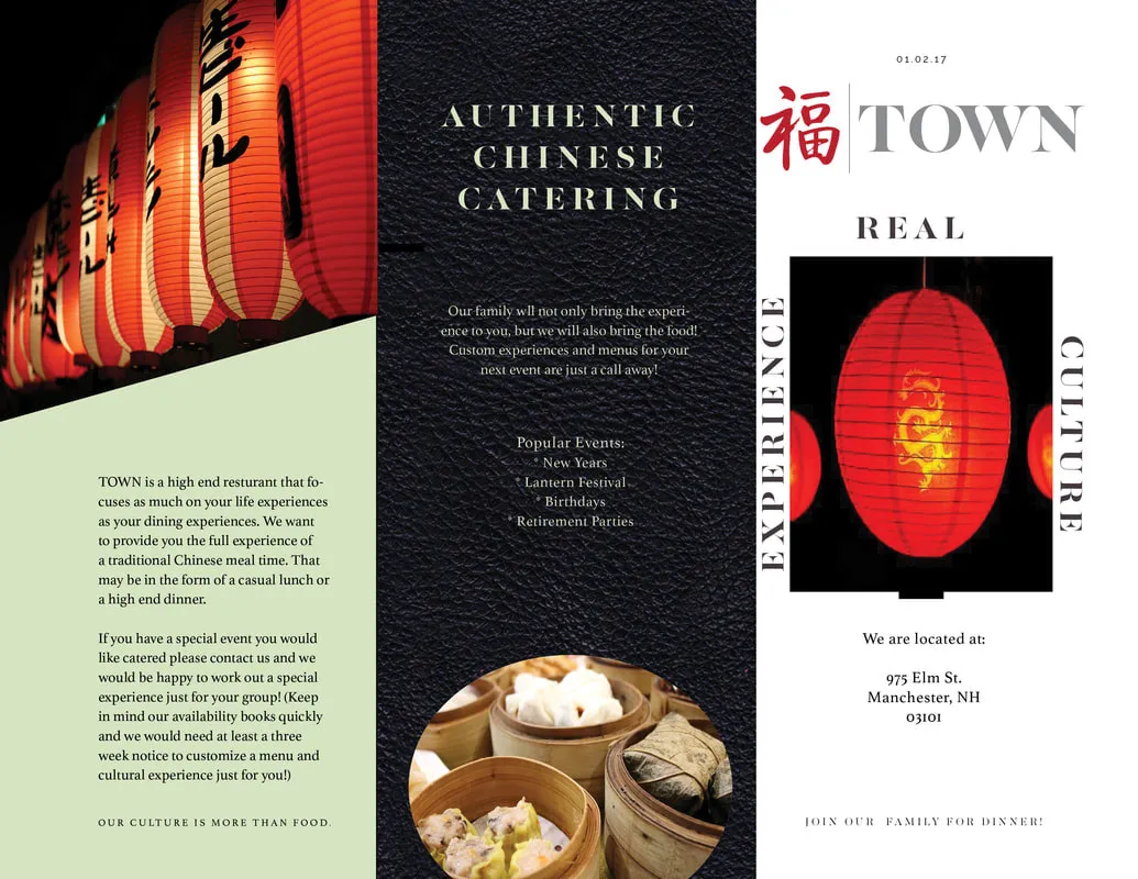 TOWN restaurant tri-fold brochure with red lantern photography